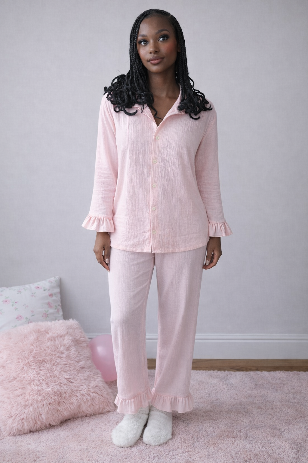 Ensemble pyjama rose poudré en gaze de coton - Élégance & confort